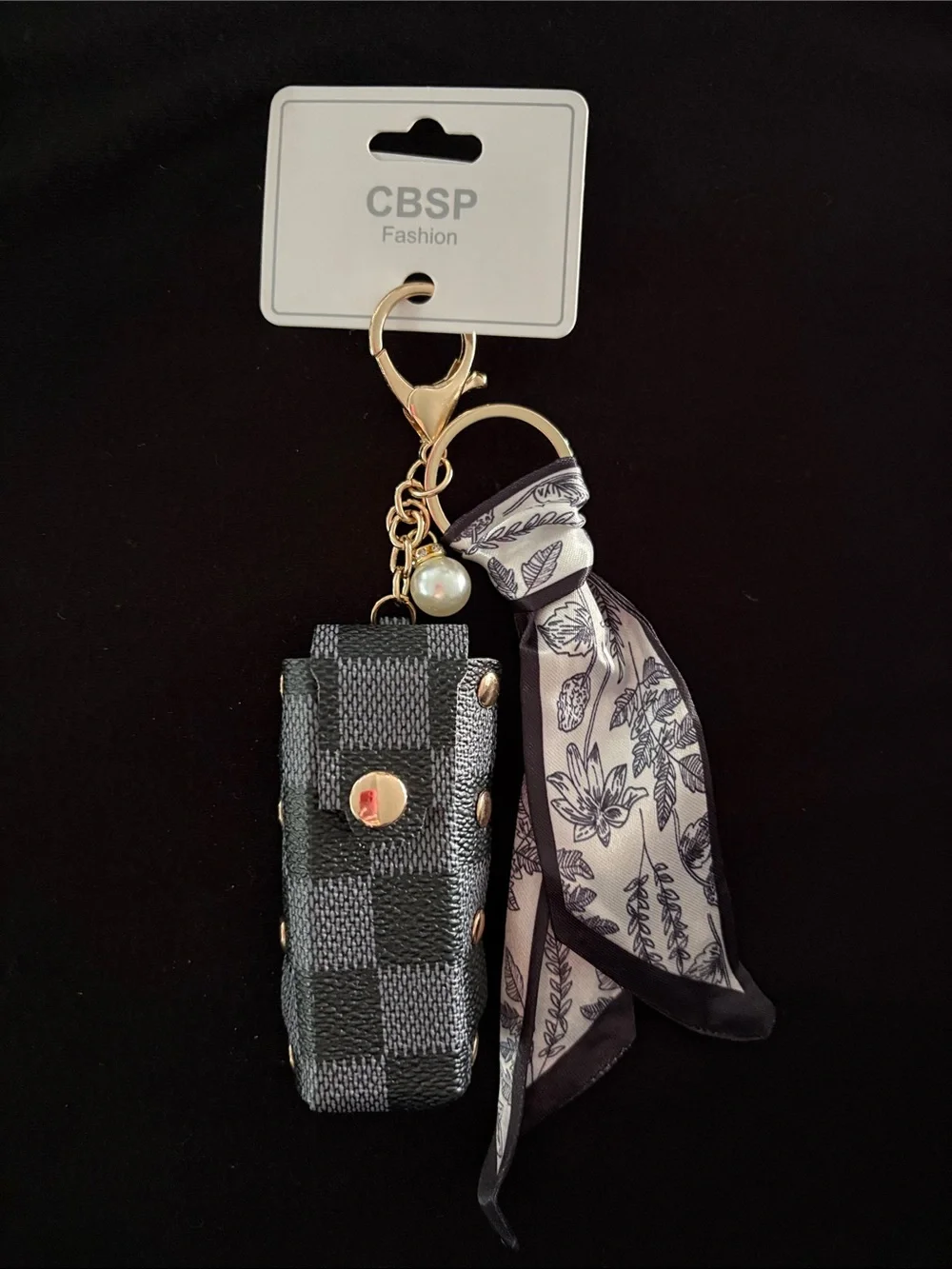 Black Checkered Fashion Lipstick Holder Keychain Bag Charm with Floral Scarf